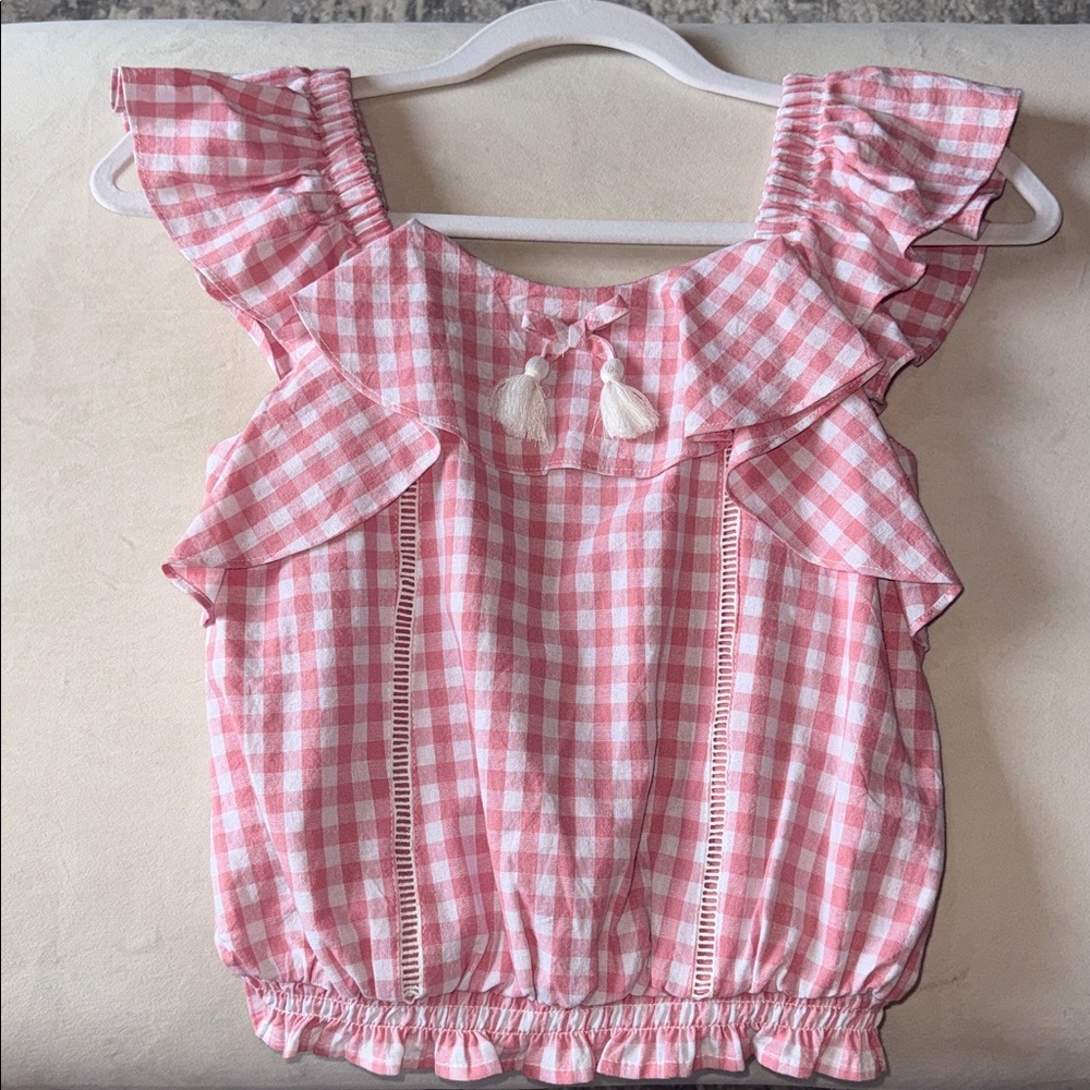 BCBG Girls Pink Gingham Ruffle Kids Top Size L